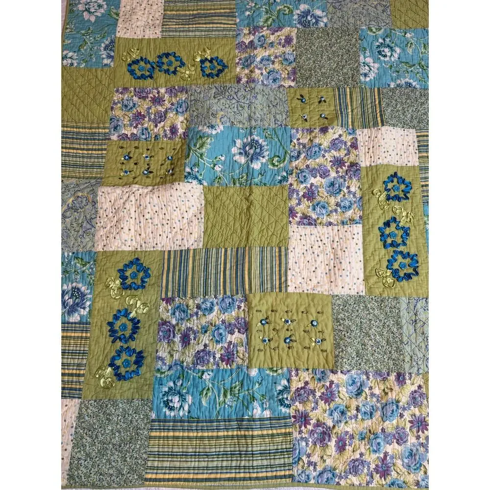 April Cornell Patchwork Quilt Cottage Throw Blanket Blue/Green Florals 51